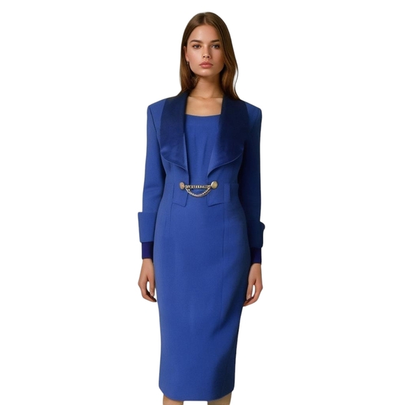 Vintage Blue Gold Midi Dress Size 10 - Picture 1 of 6